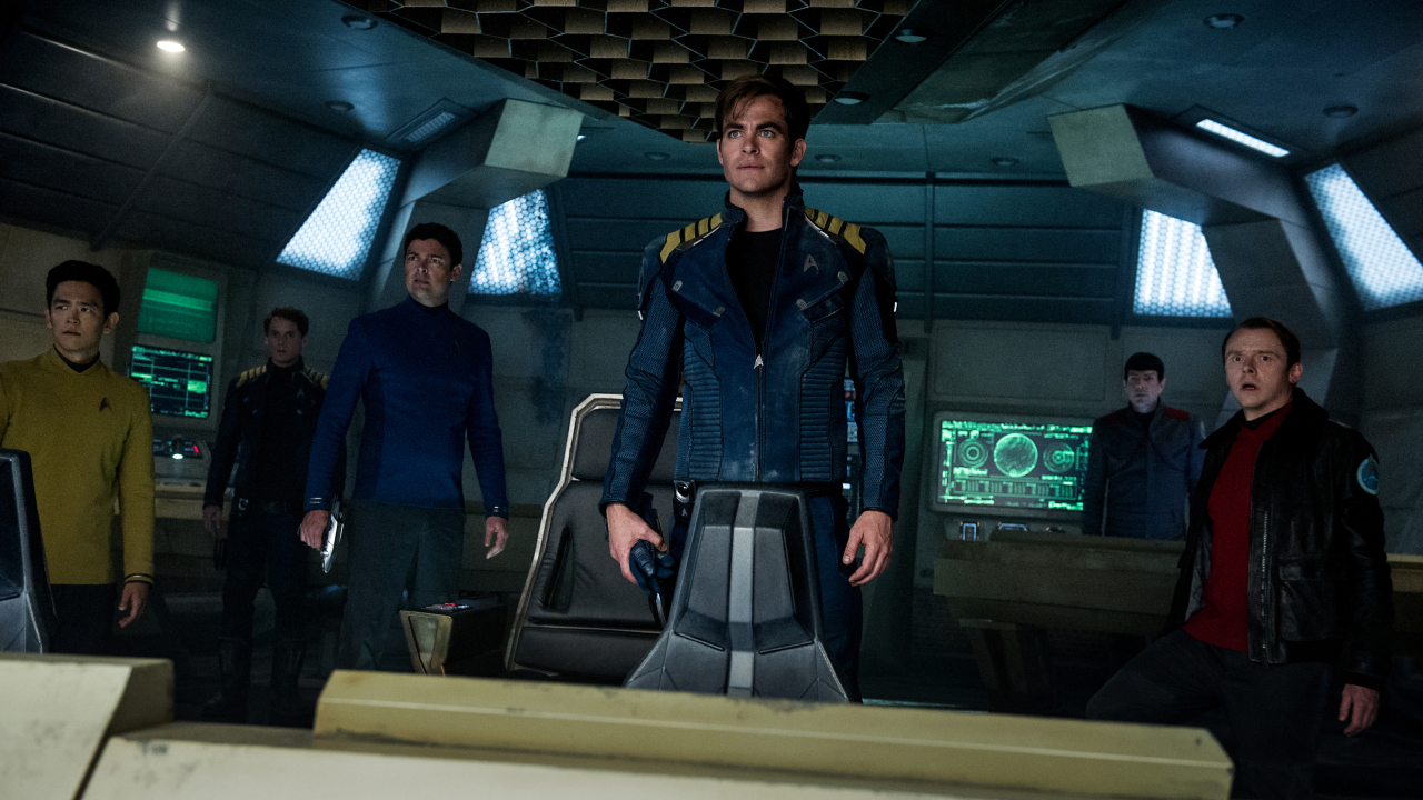 Left to right: John Cho plays Sulu, Anton Yelchin plays Chekov, Karl Urban plays Bones, Chris Pine plays Kirk, Zachary Quinto plays Spock and Simon Pegg plays Scotty in Star Trek Beyond from Paramount Pictures, Skydance, Bad Robot, Sneaky Shark and Perfect Storm Entertainment