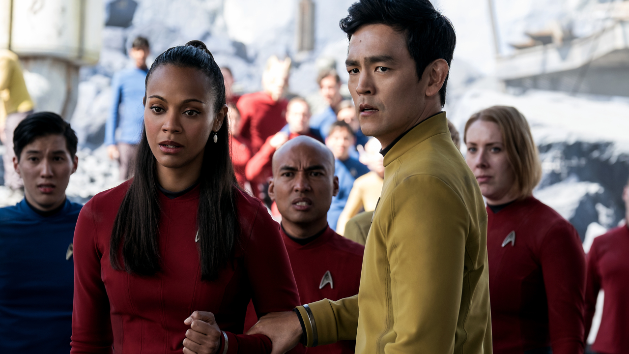Left to right: Zoe Saldana plays Uhura and John Cho plays Sulu in Star Trek Beyond from Paramount Pictures, Skydance, Bad Robot, Sneaky Shark and Perfect Storm Entertainment