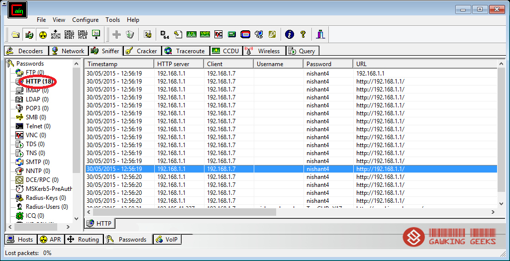 Sniffing HTTP passwords with Cain Gawking geeks